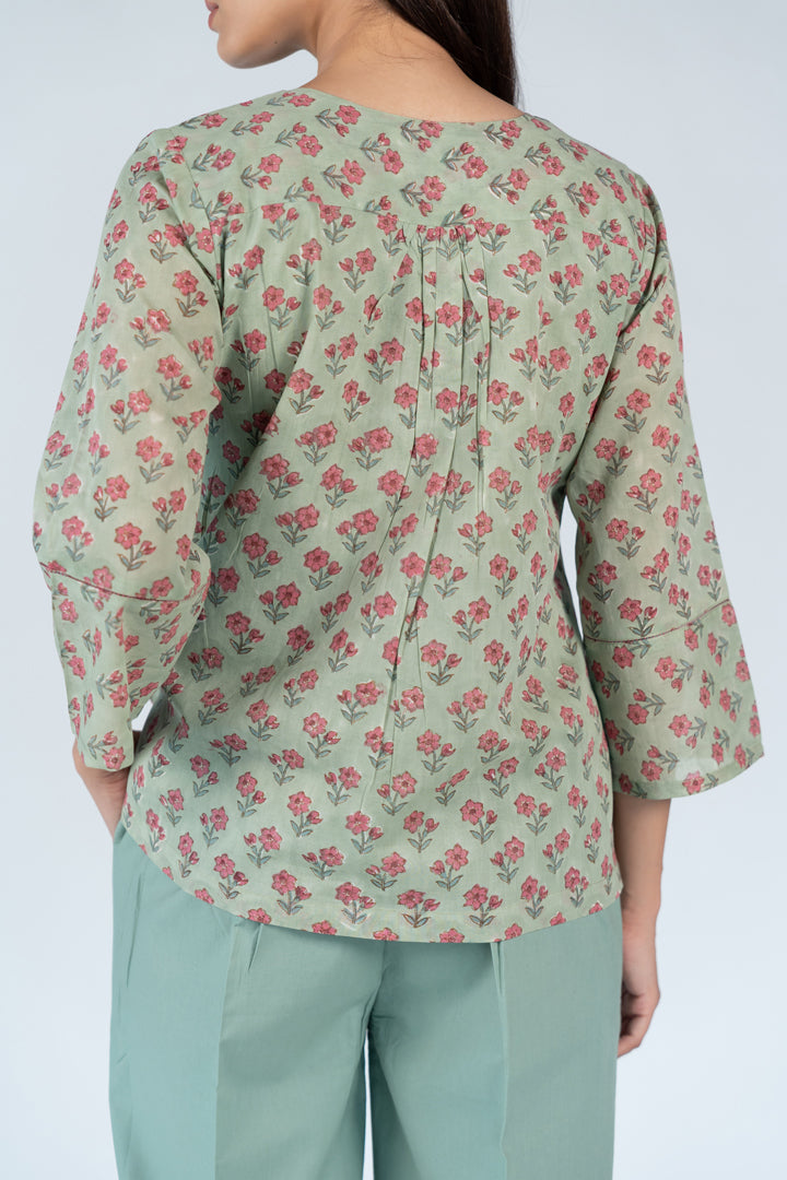 Cotton Hand Block Printed Top - Green
