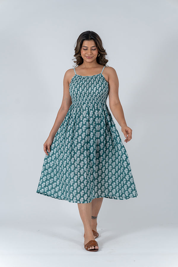 Cotton Hand Block Printed Dress - Teal