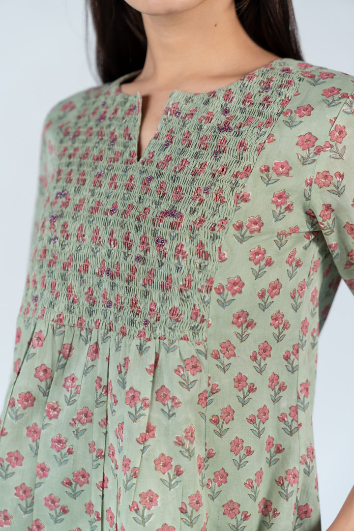Cotton Hand Block Printed Top - Green