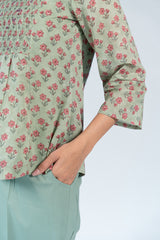 Cotton Hand Block Printed Top - Green
