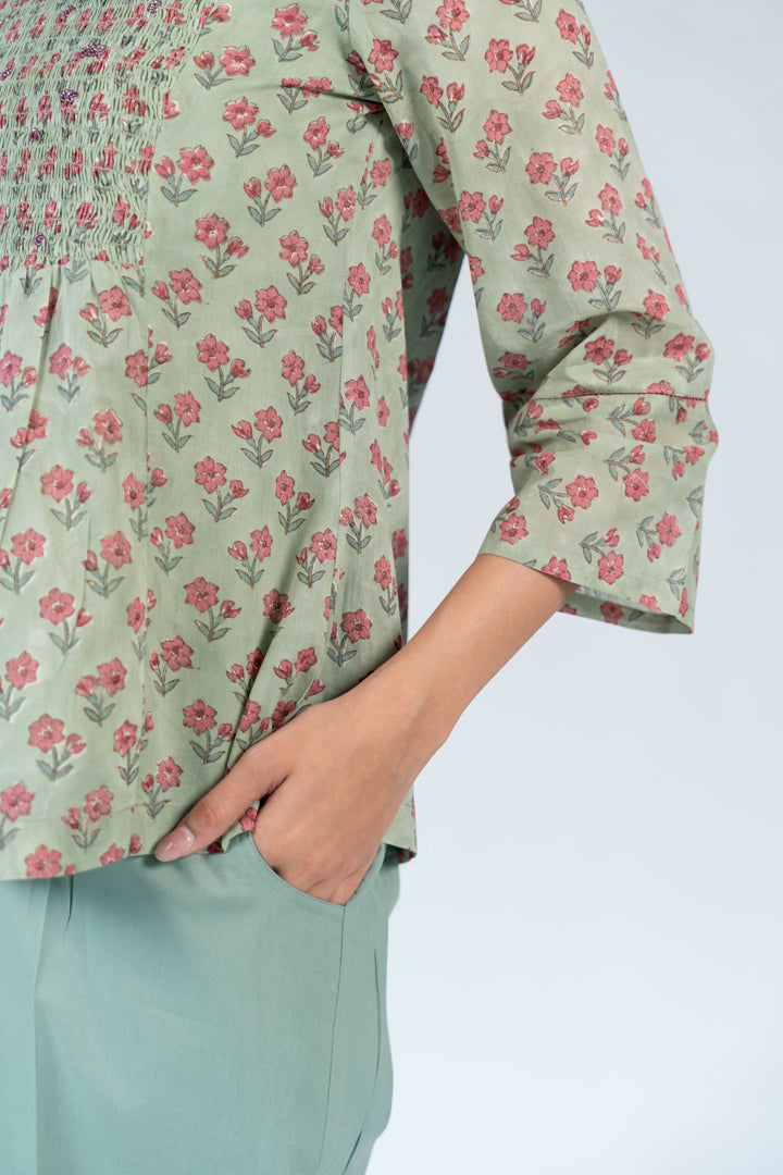 Cotton Hand Block Printed Top - Green
