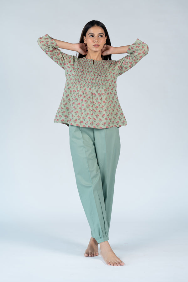Cotton Hand Block Printed Top - Green