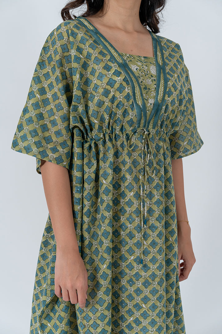 Cotton Hand Block Printed Kaftan - Pista Green