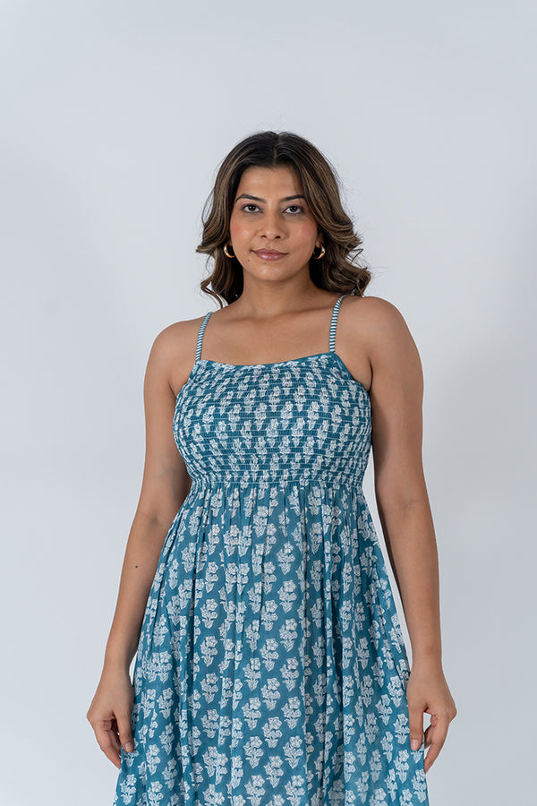 Cotton Hand Block Printed Dress - Blue