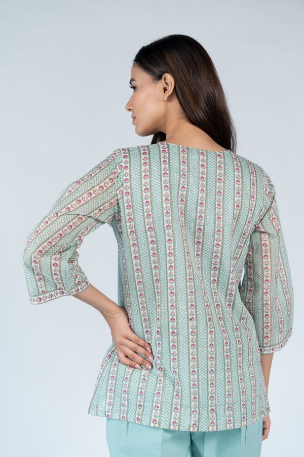 Cotton Hand Block Printed Top - Green