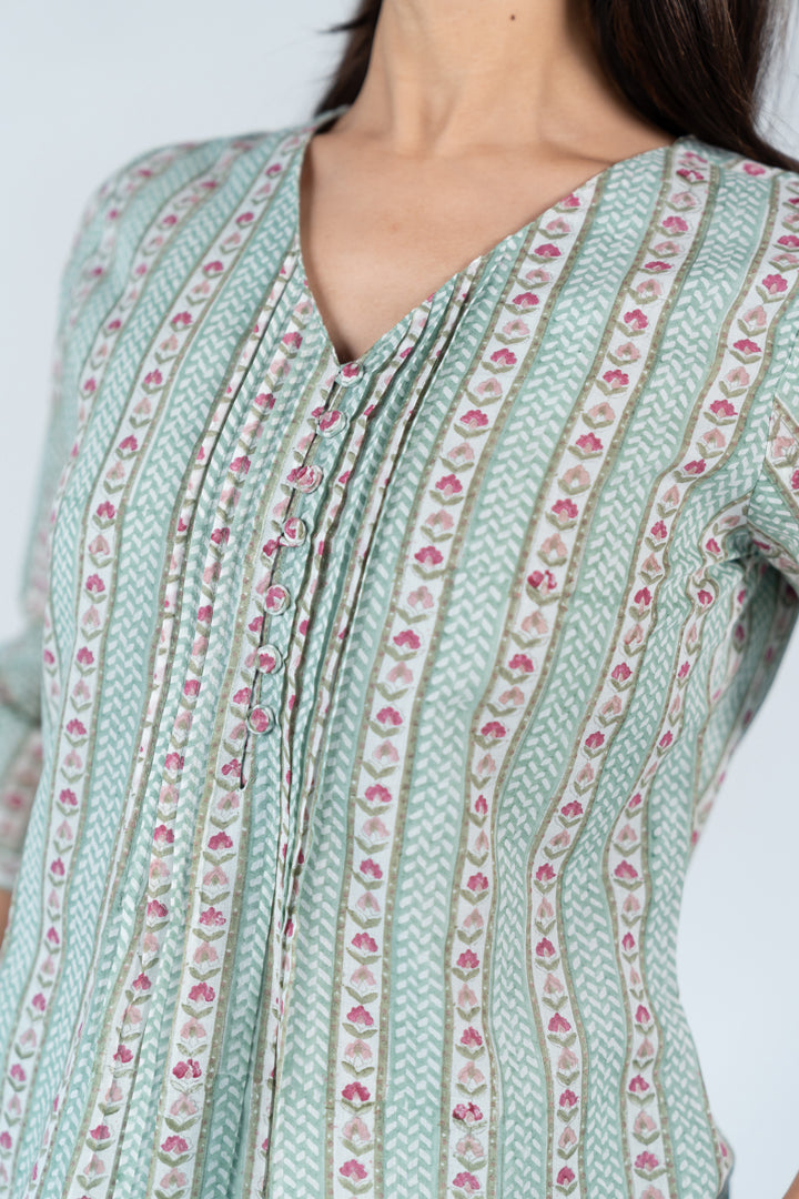 Cotton Hand Block Printed Top - Green