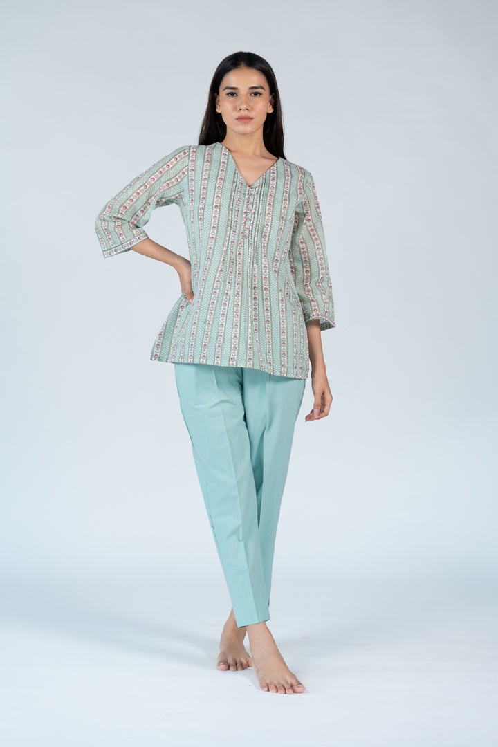 Cotton Hand Block Printed Top - Green