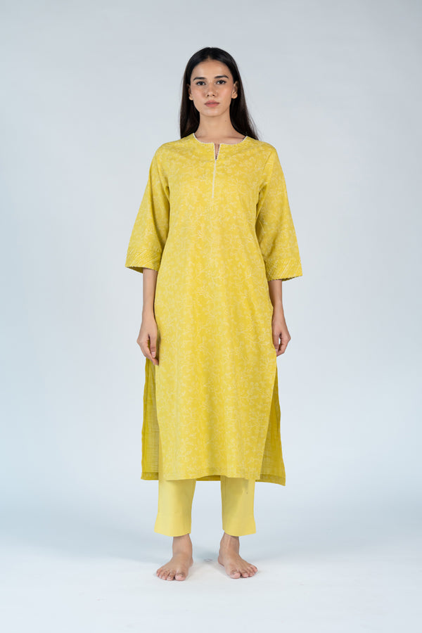 Cotton Hand Embroidery Kurta - Yellow