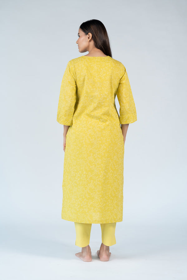 Cotton Hand Embroidery Kurta - Yellow