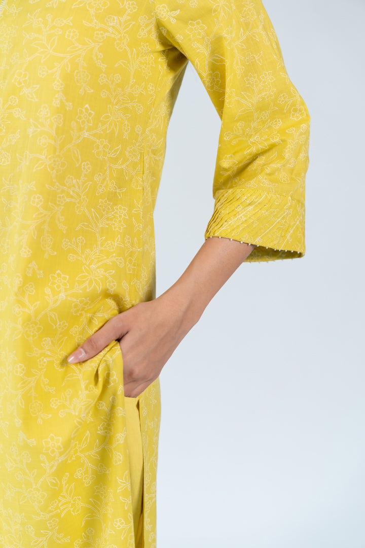 Cotton Hand Embroidery Kurta - Yellow