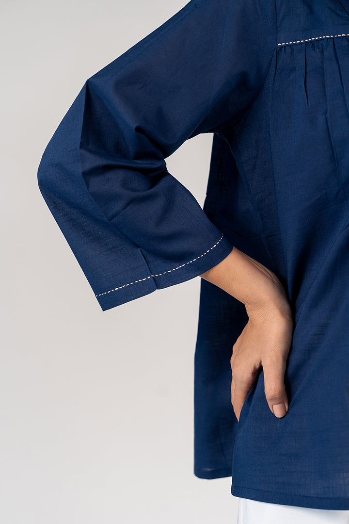 Cotton Hand Embroidered Top - Blue