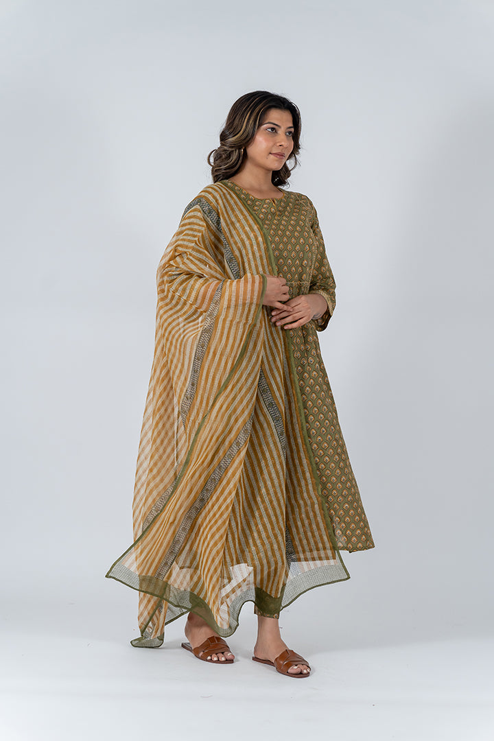 Kota Doria Hand Blocked Printed Dupatta - Yellow