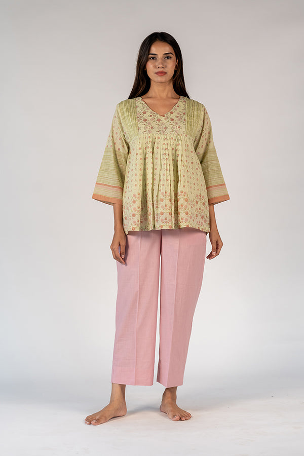 Cotton Hand Block Printed Top - Green