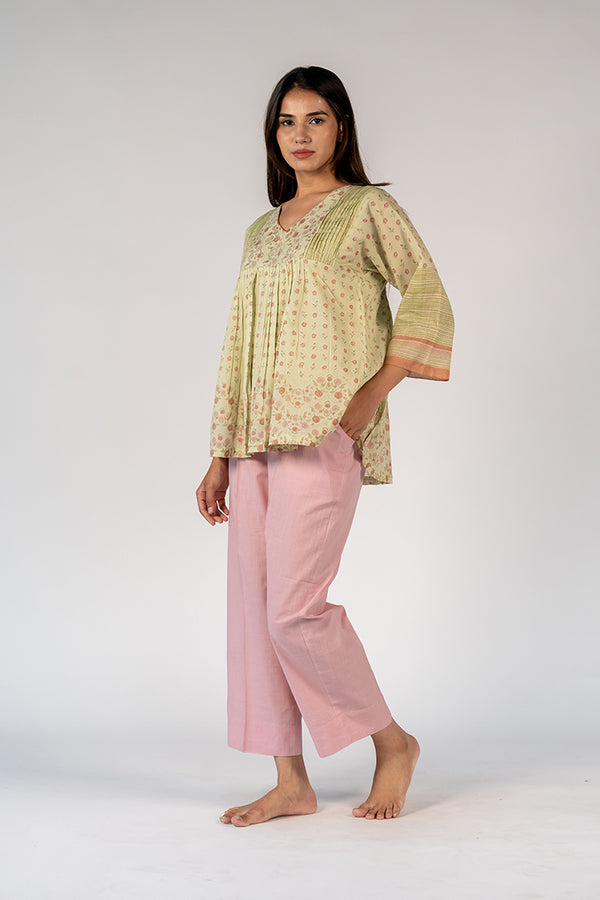 Cotton Hand Block Printed Top - Green