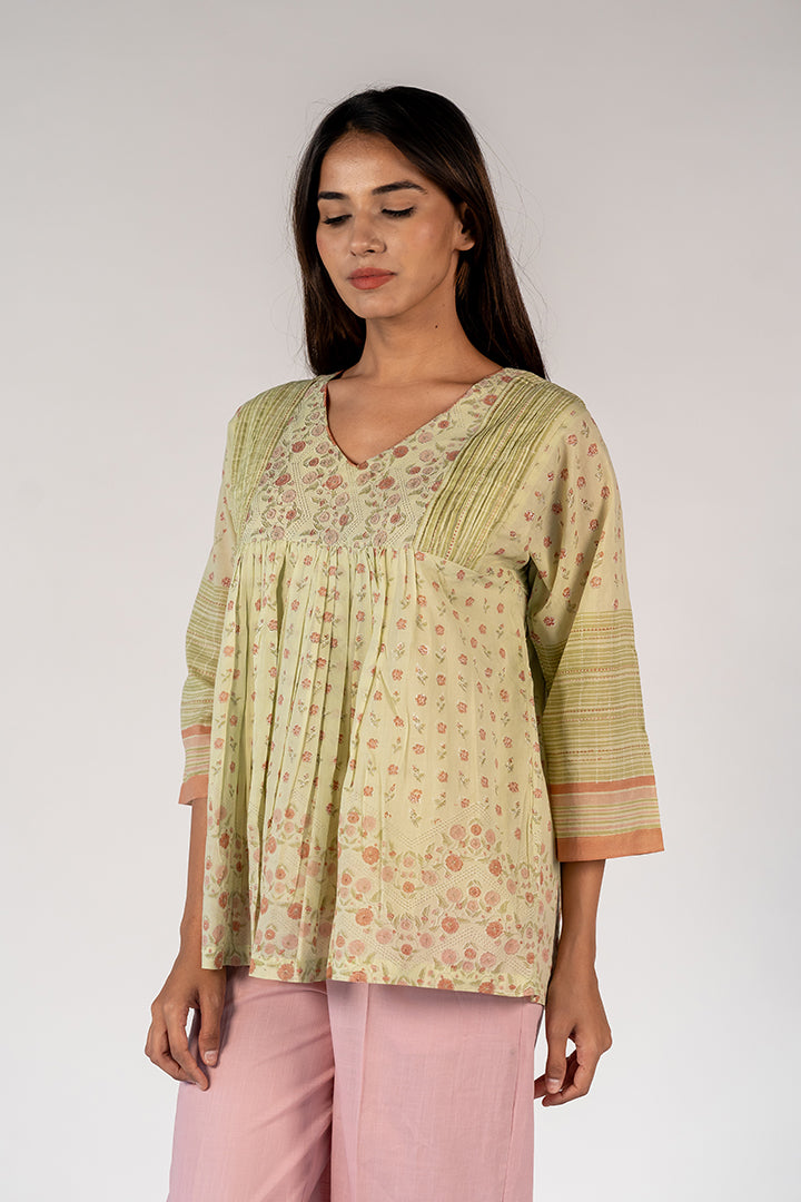 Cotton Hand Block Printed Top - Green