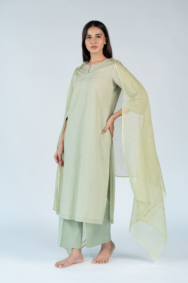 Cotton Kota Doria Hand Embroidery Dupatta - Green