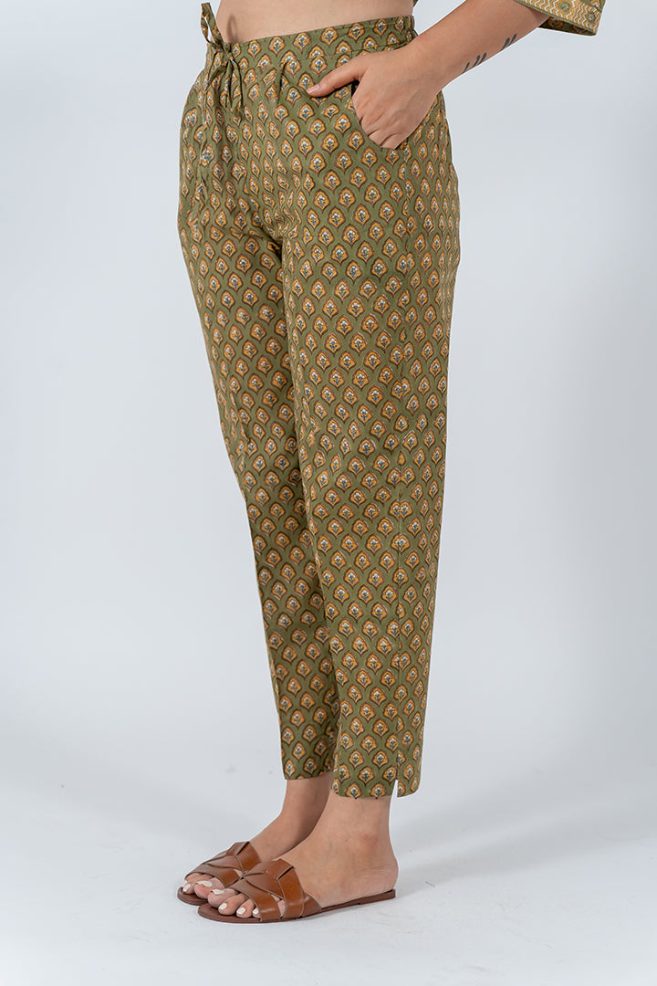 Cotton Hand Block Printed Pant - Green