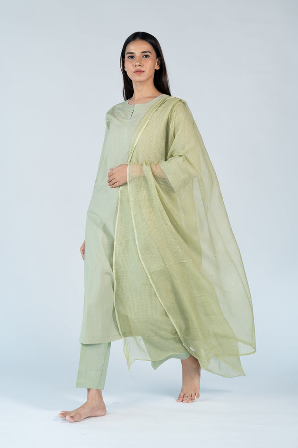 Cotton Kota Doria Hand Embroidery Dupatta - Green