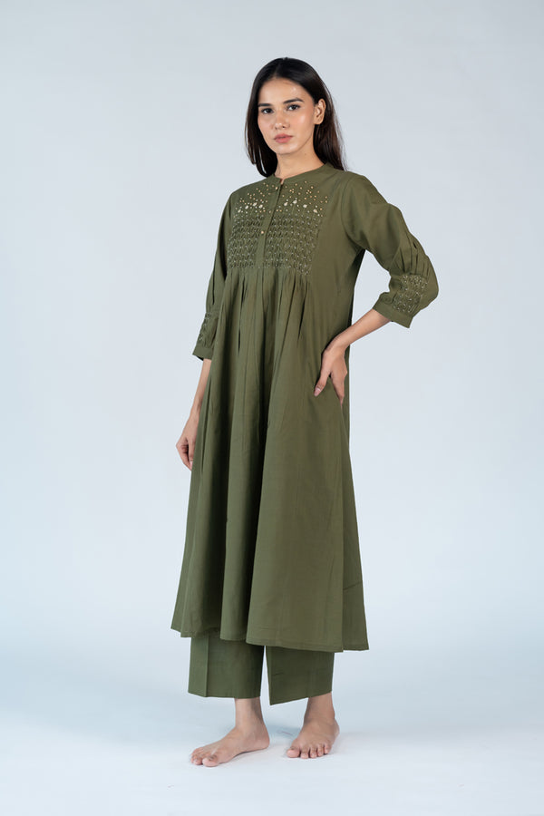 Cotton Hand Embroidery Kurta - Green