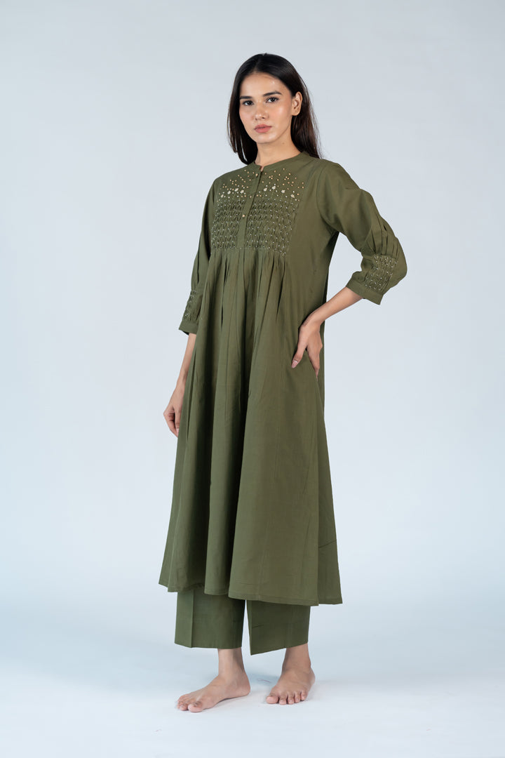 Cotton Hand Embroidery Kurta - Green