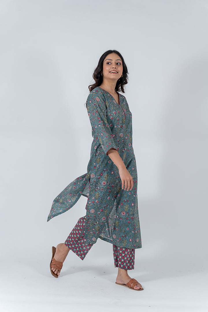 Cotton Hand Block Printed Kurta - Grey