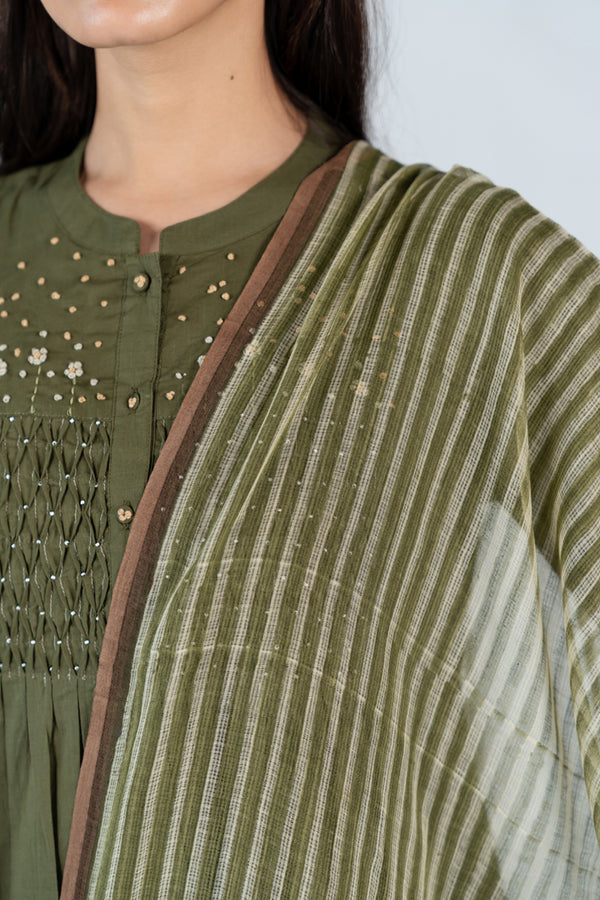 Cotton Kota Doria Hand Block Printed Dupatta - Green