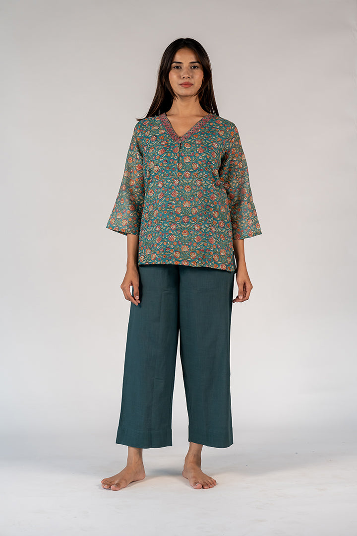 Cotton Hand Block Printed Top - Green