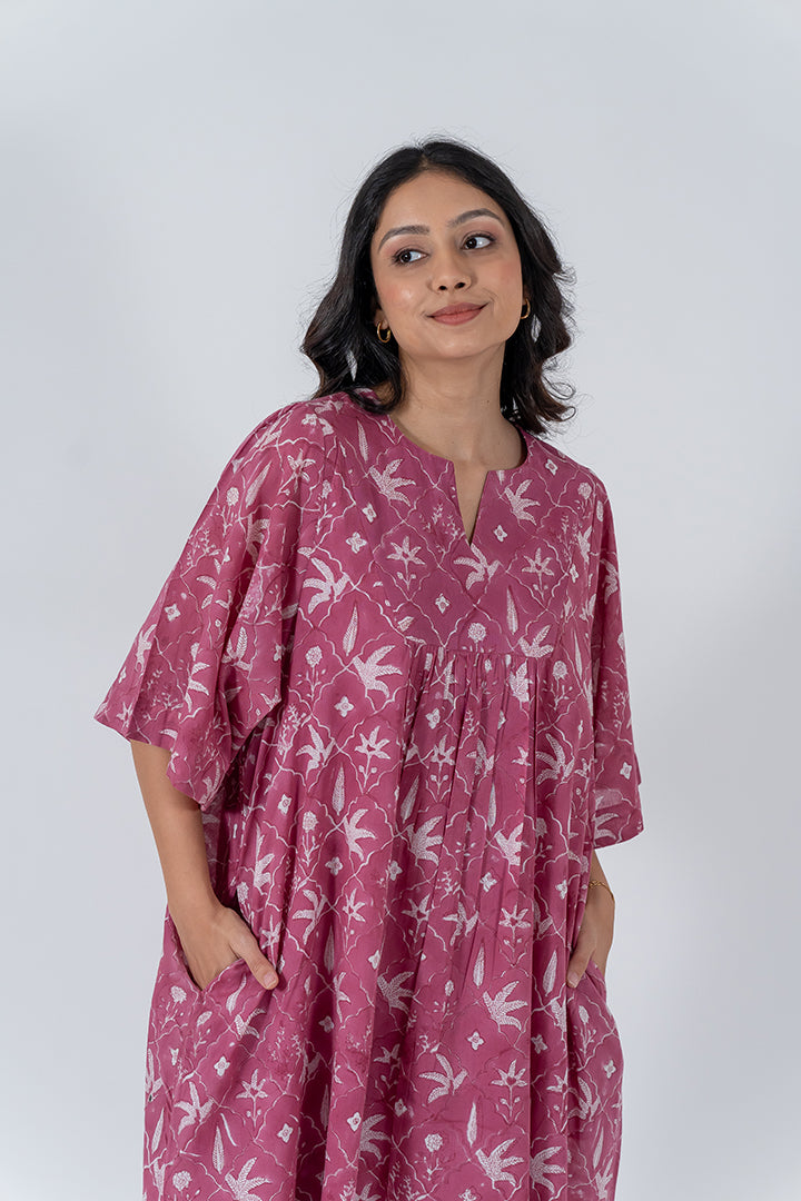 Cotton Hand Block Printed Kaftan - Pink