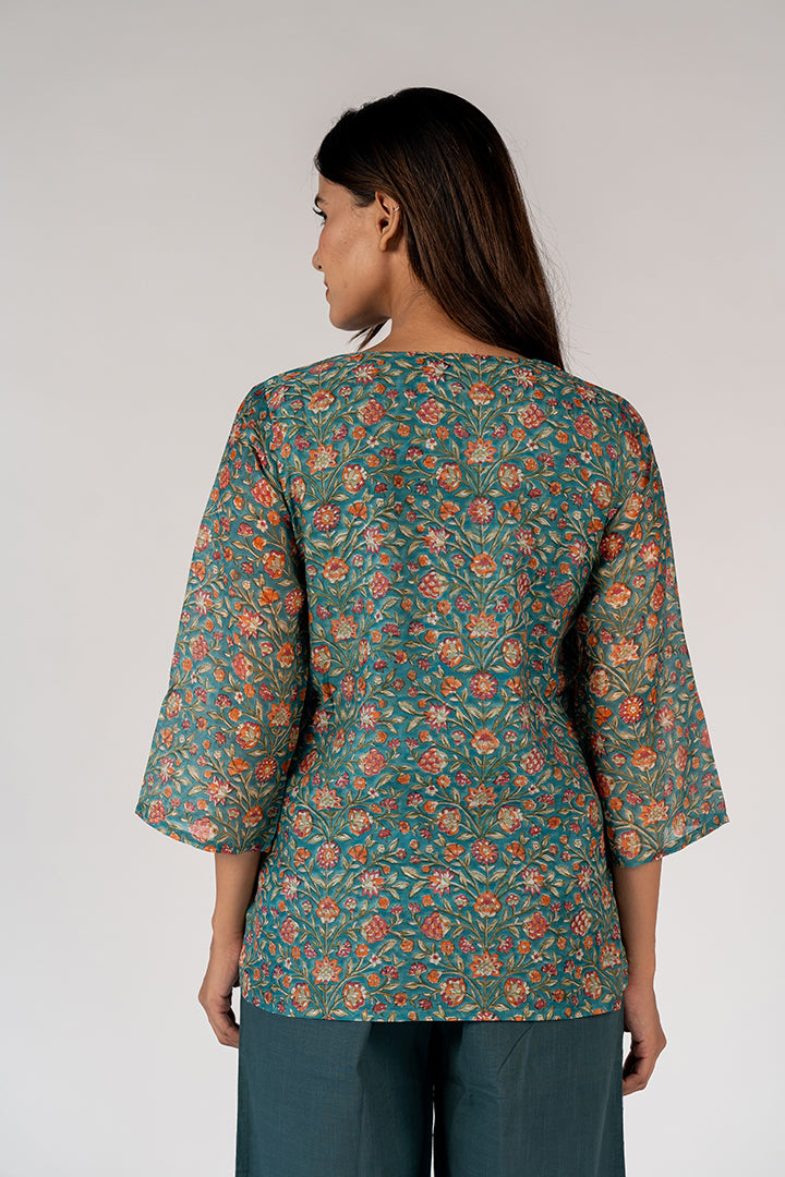 Cotton Hand Block Printed Top - Green