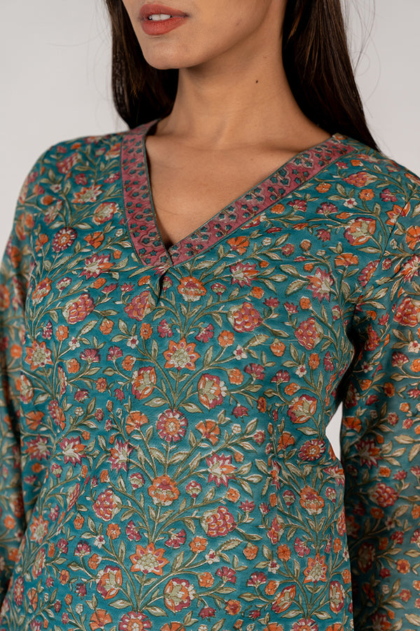 Cotton Hand Block Printed Top - Green