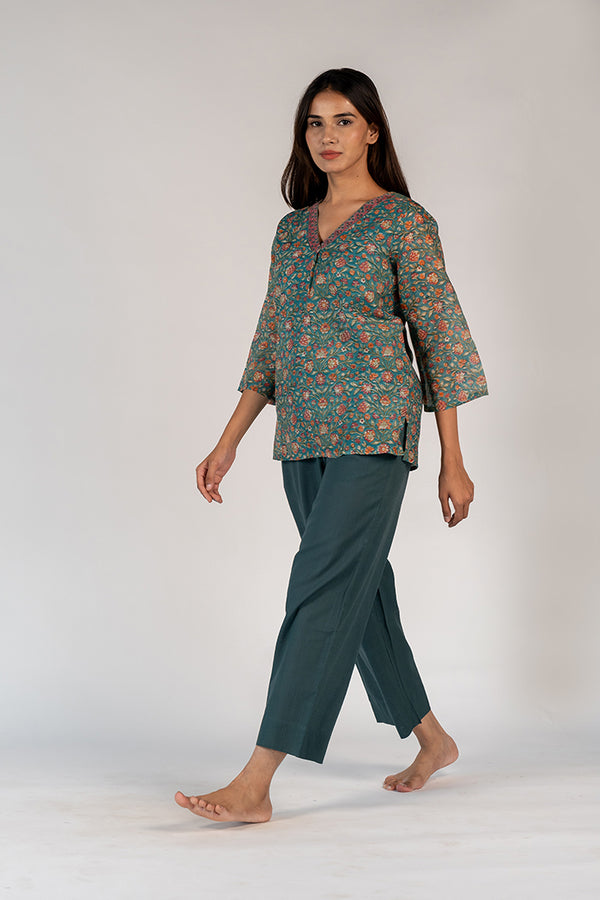 Cotton Hand Block Printed Top - Green