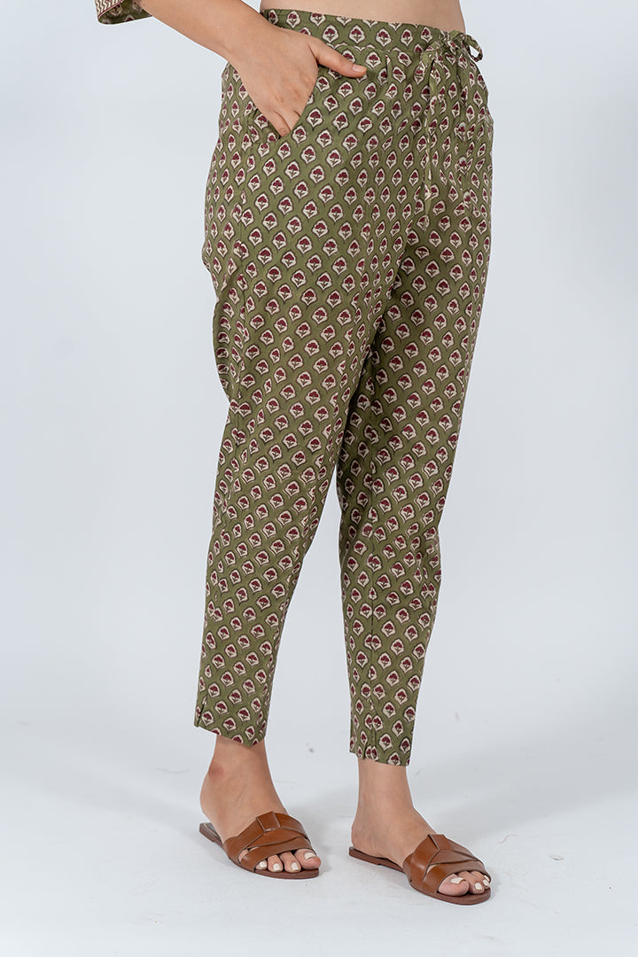 Cotton Hand Block Printed Pant - Green