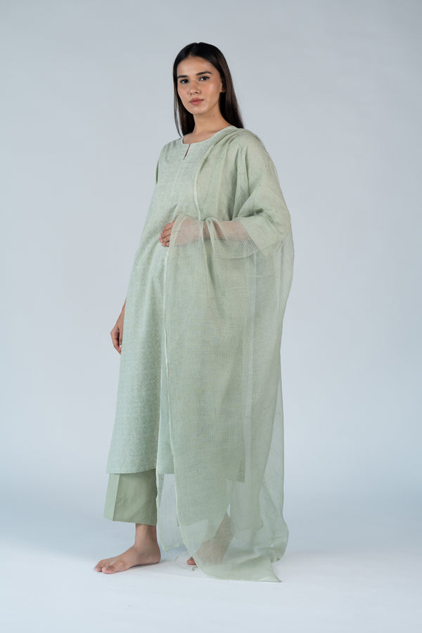 Cotton Kota Doria Hand Embroidery Dupatta - Green