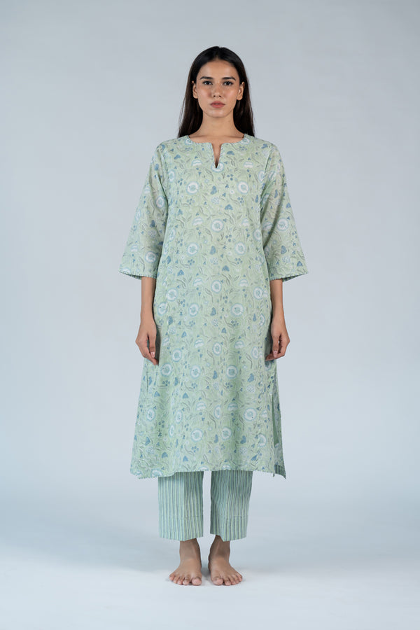 Cotton Hand Block Printed Kurta - Green