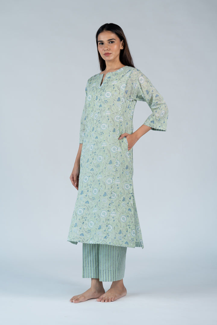 Cotton Hand Block Printed Kurta - Green