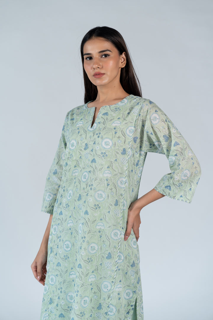 Cotton Hand Block Printed Kurta - Green