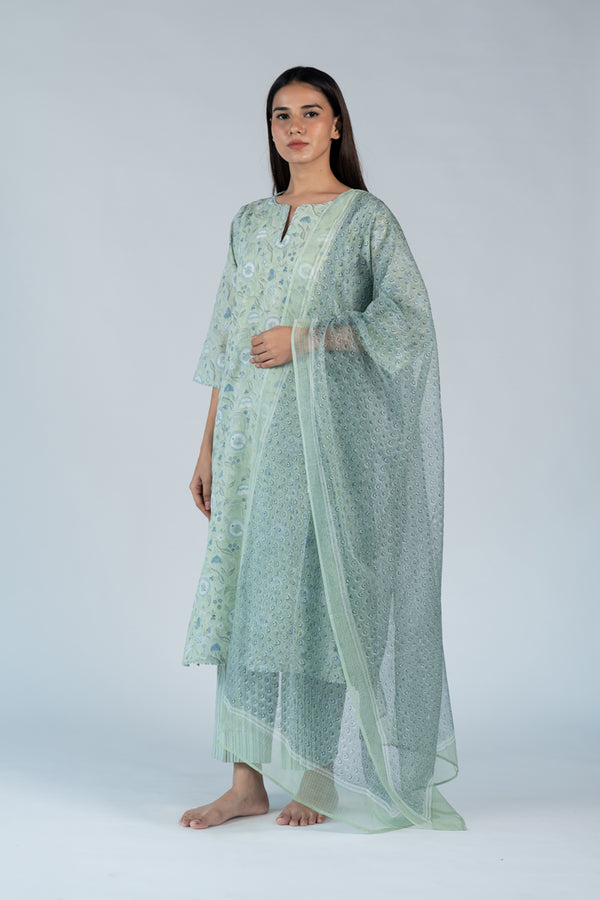 Cotton Kota Doria Hand Embroidery Dupatta - Green