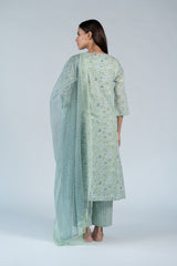 Cotton Kota Doria Hand Embroidery Dupatta - Green