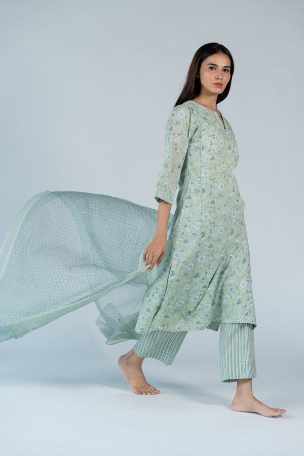 Cotton Kota Doria Hand Embroidery Dupatta - Green