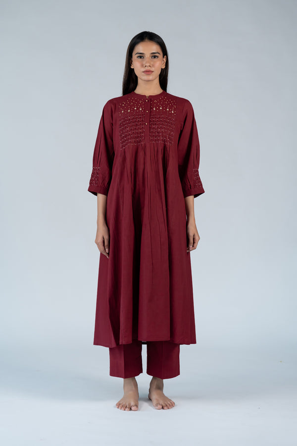 Cotton Hand Embroidery Kurta - Wine