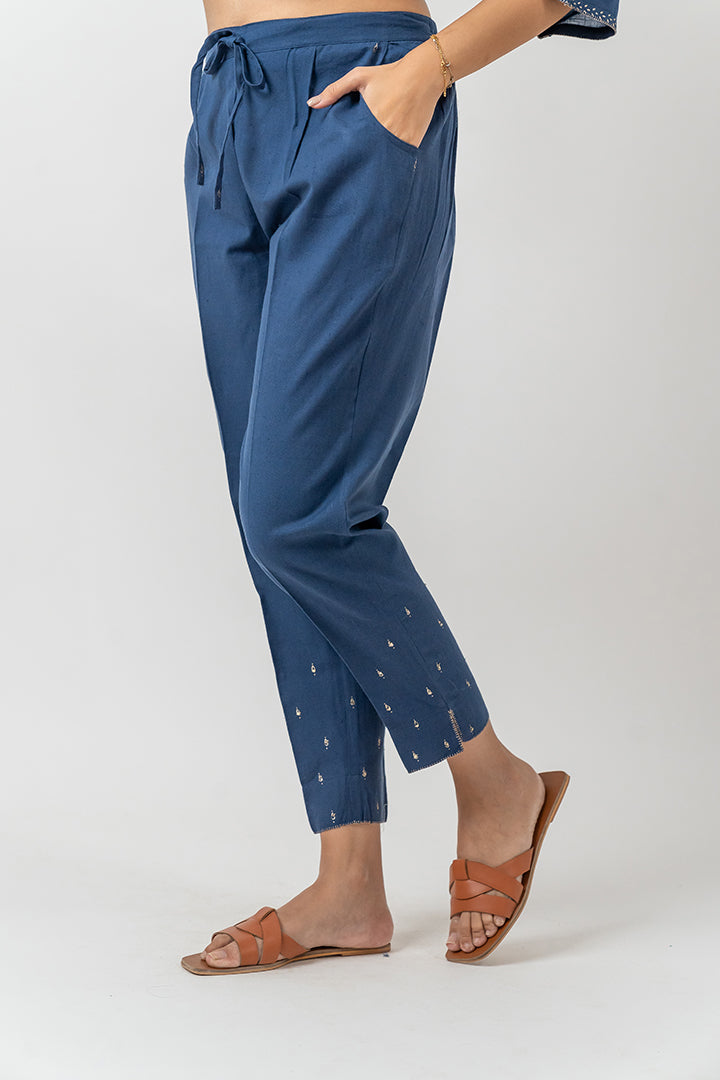 Cotton Pant with Rogan Print - Navy Blue