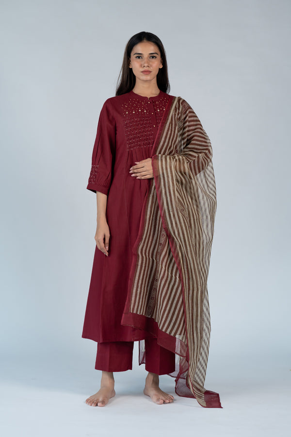 Kota Doria Hand Blocked Printed Dupatta - Red