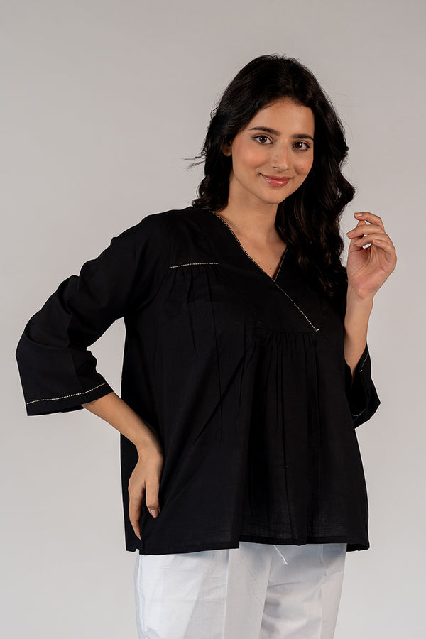 Cotton Hand Embroidered Top - Black