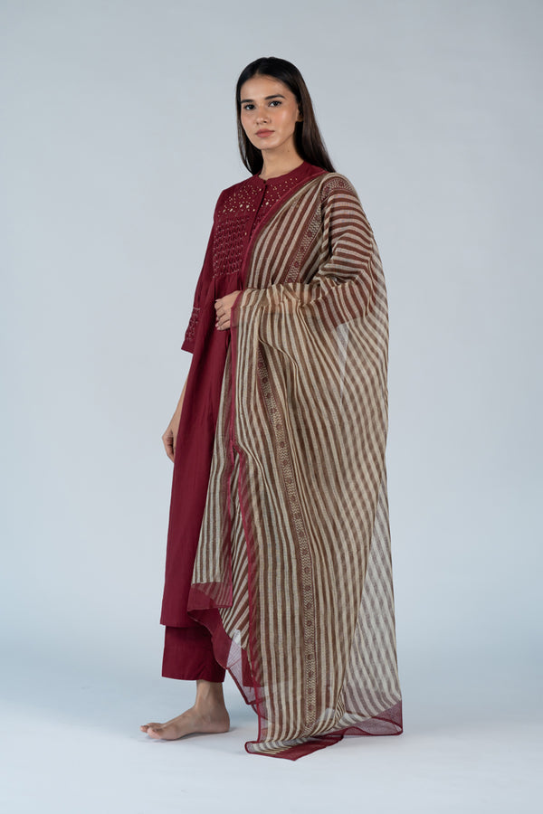Kota Doria Hand Blocked Printed Dupatta - Red