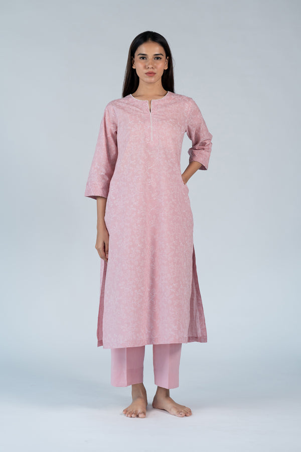 Cotton Hand Embroidery Kurta - Pink