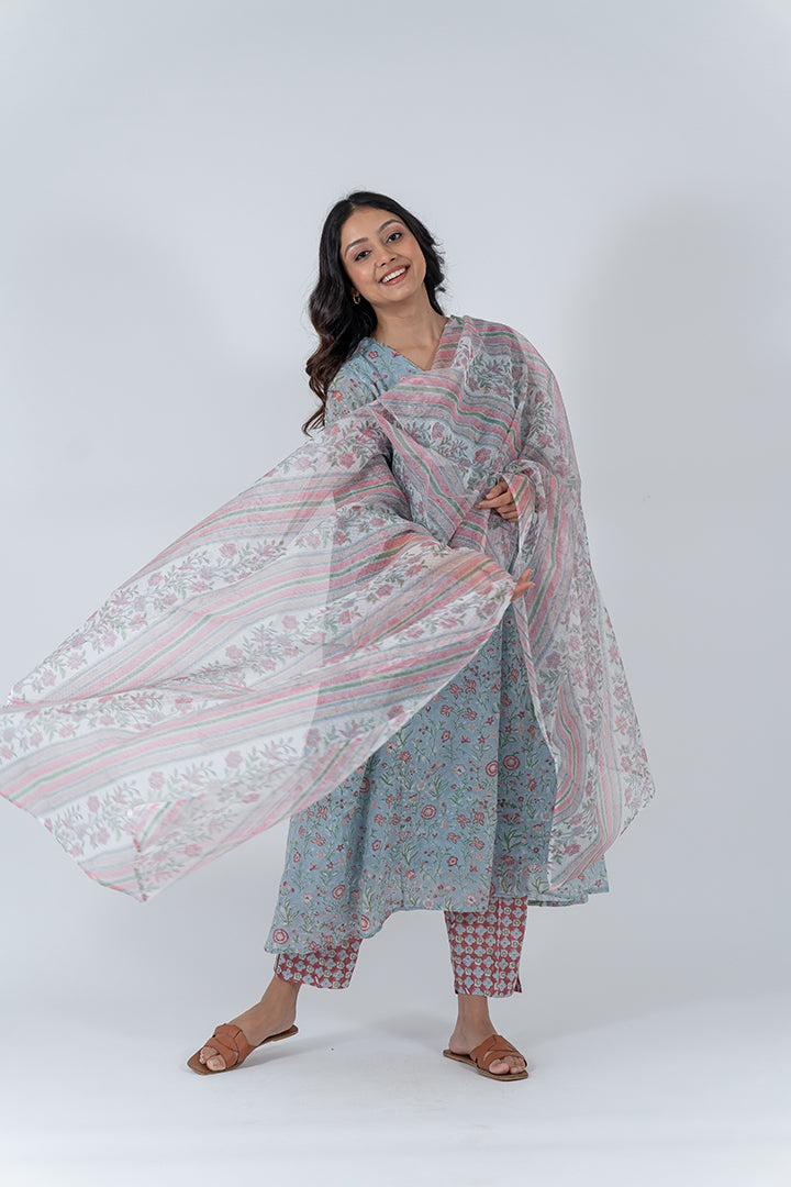 Kota Doria Hand Block Printed Dupatta - Offwhite