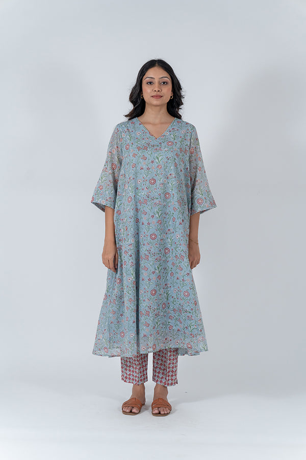 Cotton Hand Block Printed Kurta - Light Blue