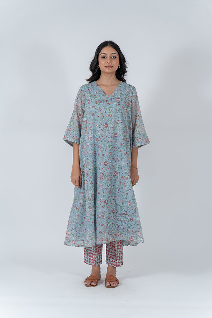 Cotton Hand Block Printed Kurta - Light Blue