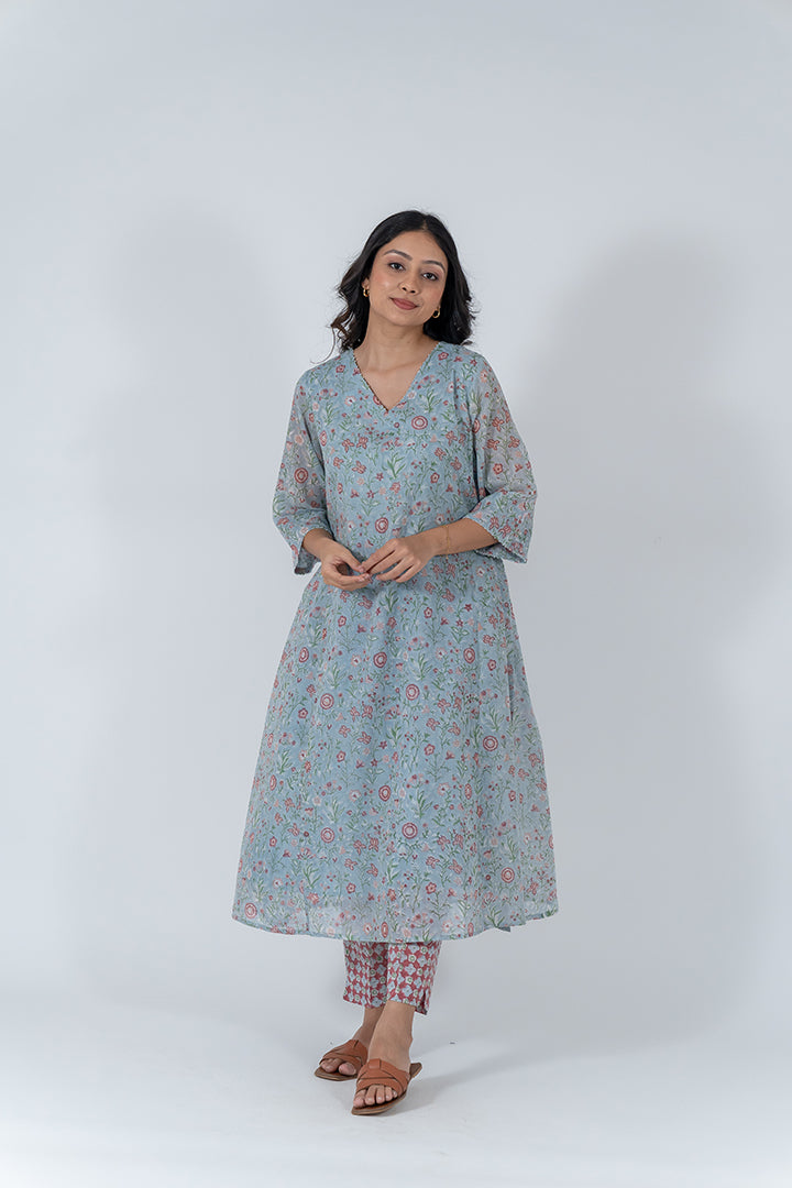 Cotton Hand Block Printed Kurta - Light Blue