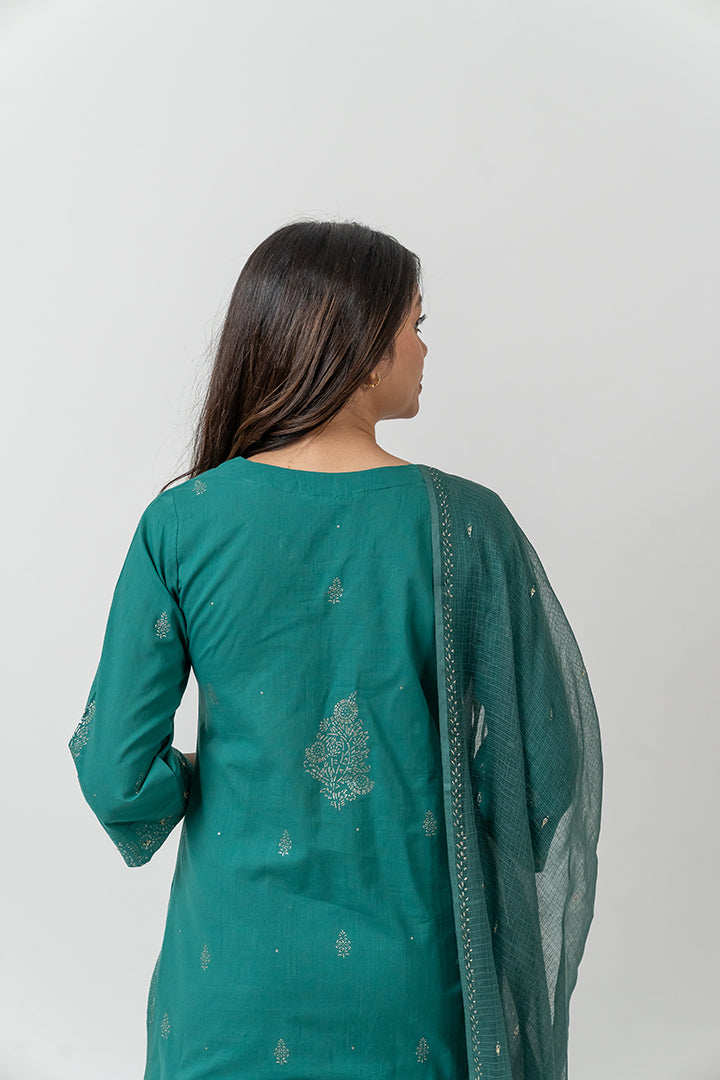 Kota Doria Dupatta With Rogan Print - Green